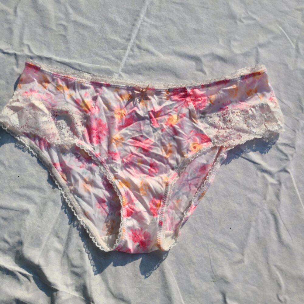 Victorias Secret Cheeky Silk & Lace Panty - White Pink Floral - Size Large